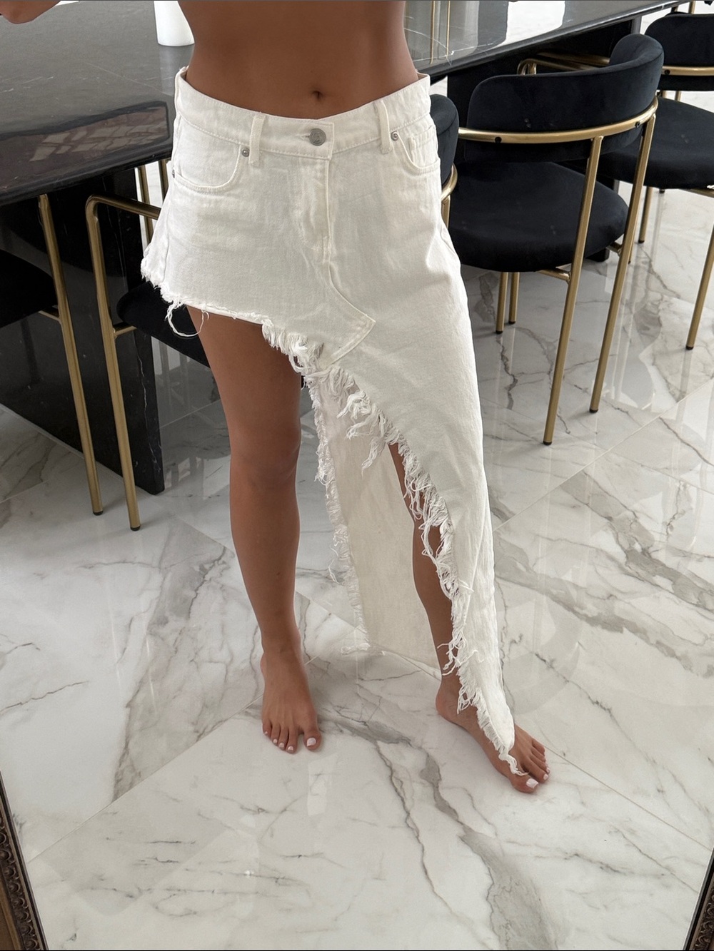 Revice Denim White Distressed Hi Low Skirt